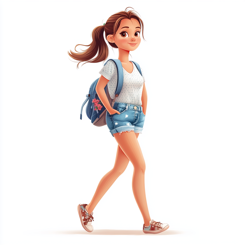 Southern European girl walking in summer clothes with hairtail