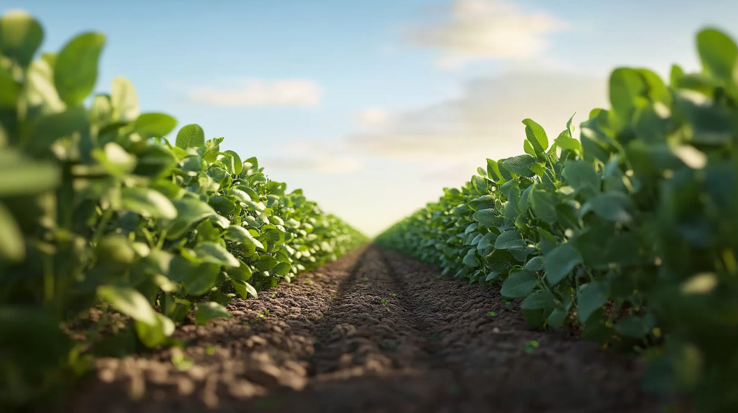 Soybean plants form wall in symmetrical plantation, high resolution.