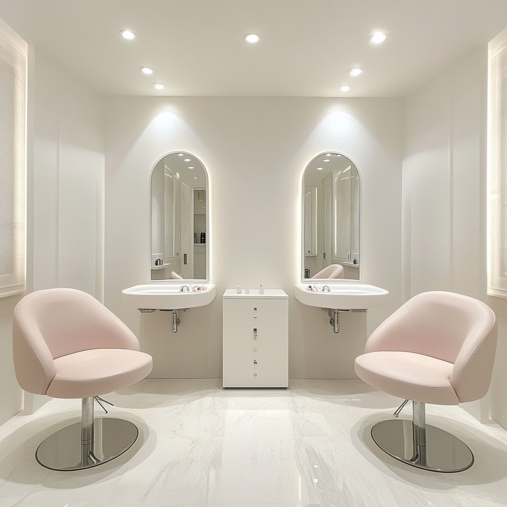 Spa room with white walls, two nail tables.