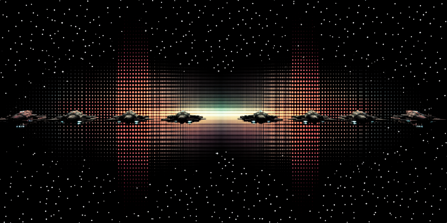 Space battles: pixelated dragons and ships in purple.