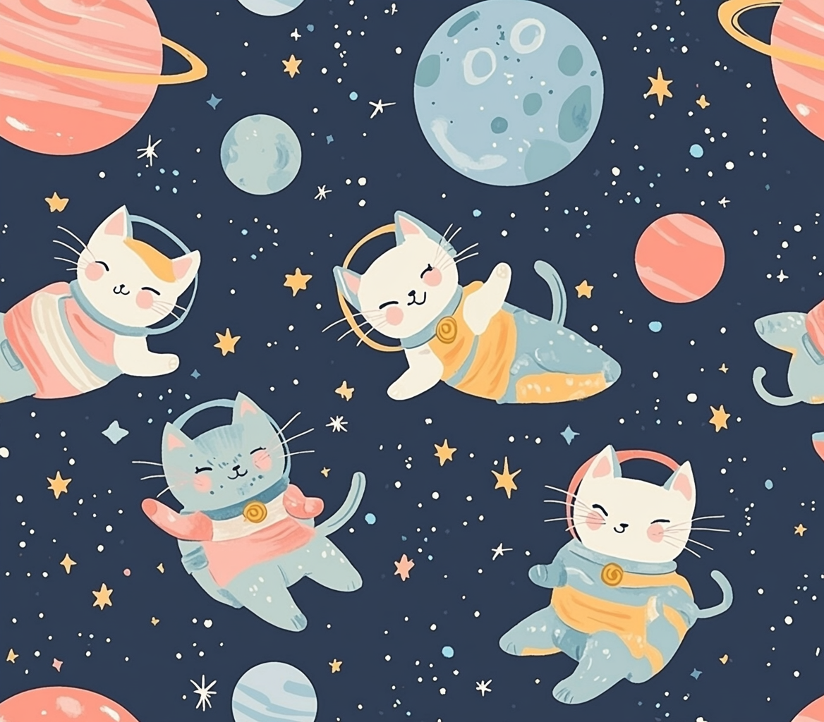 Space cats in space suits floating among stars and planets.