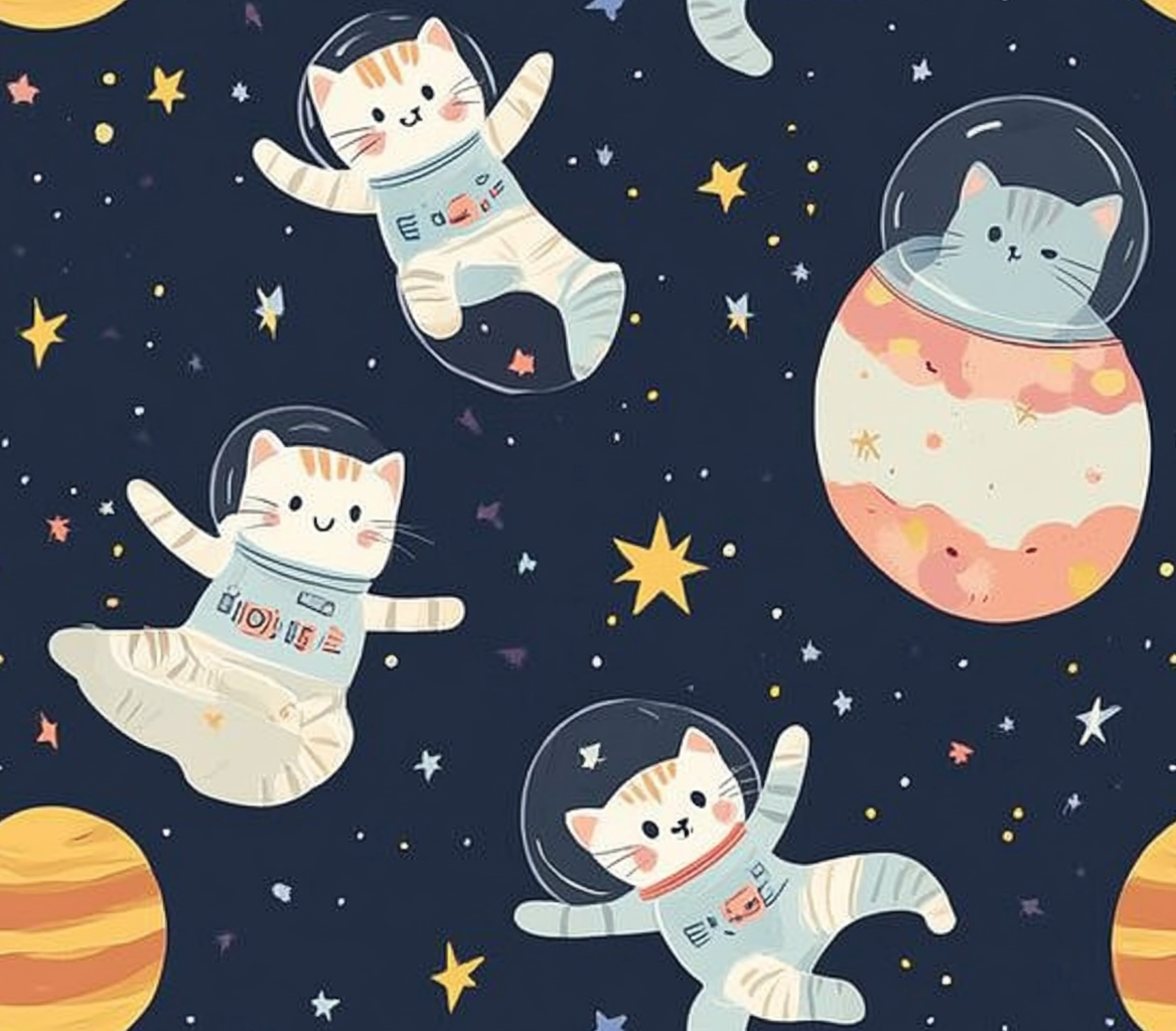 Space cats in spacesuits floating among stars and planets