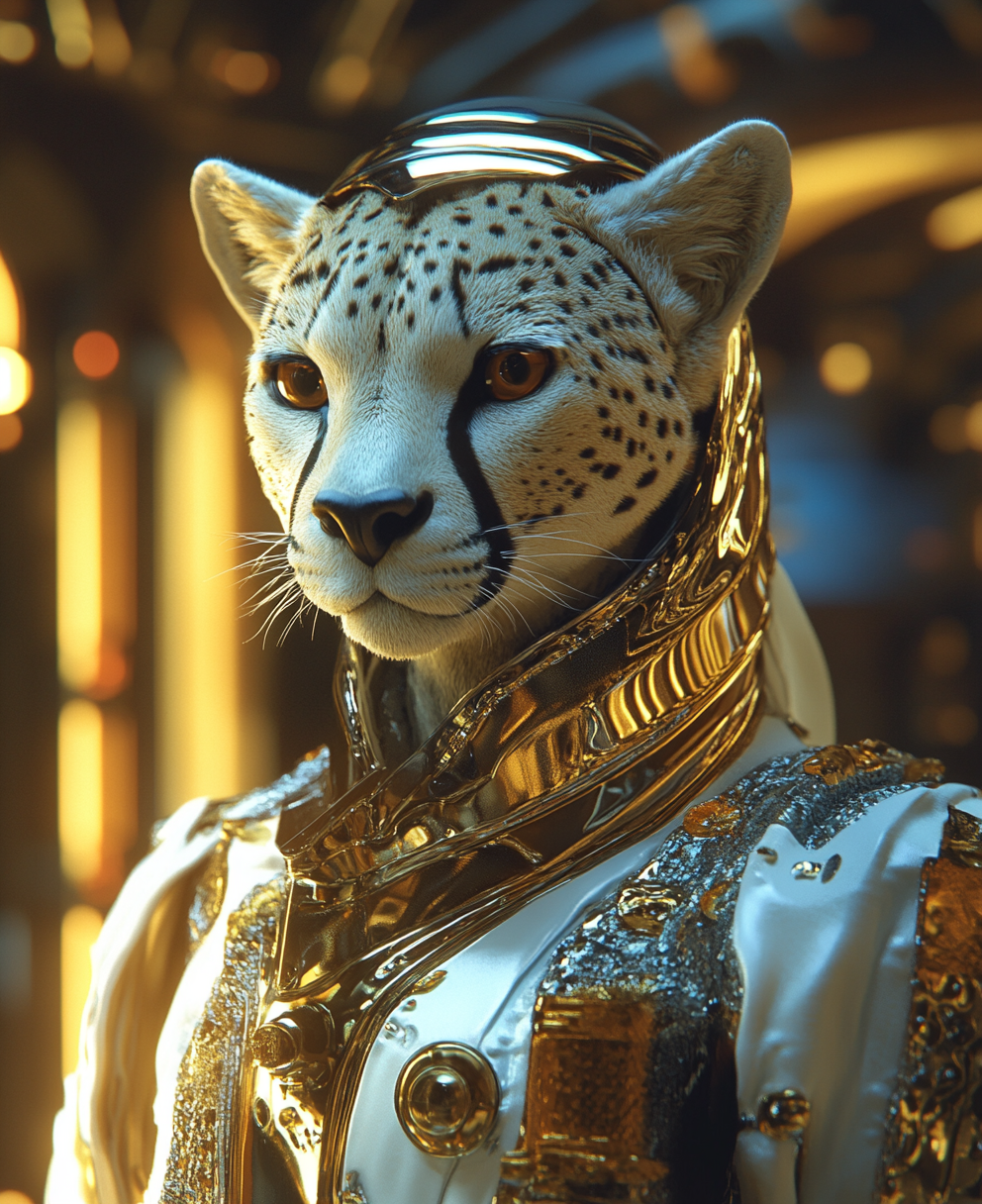 Space-faring cheetah queen wearing advanced royal attire.