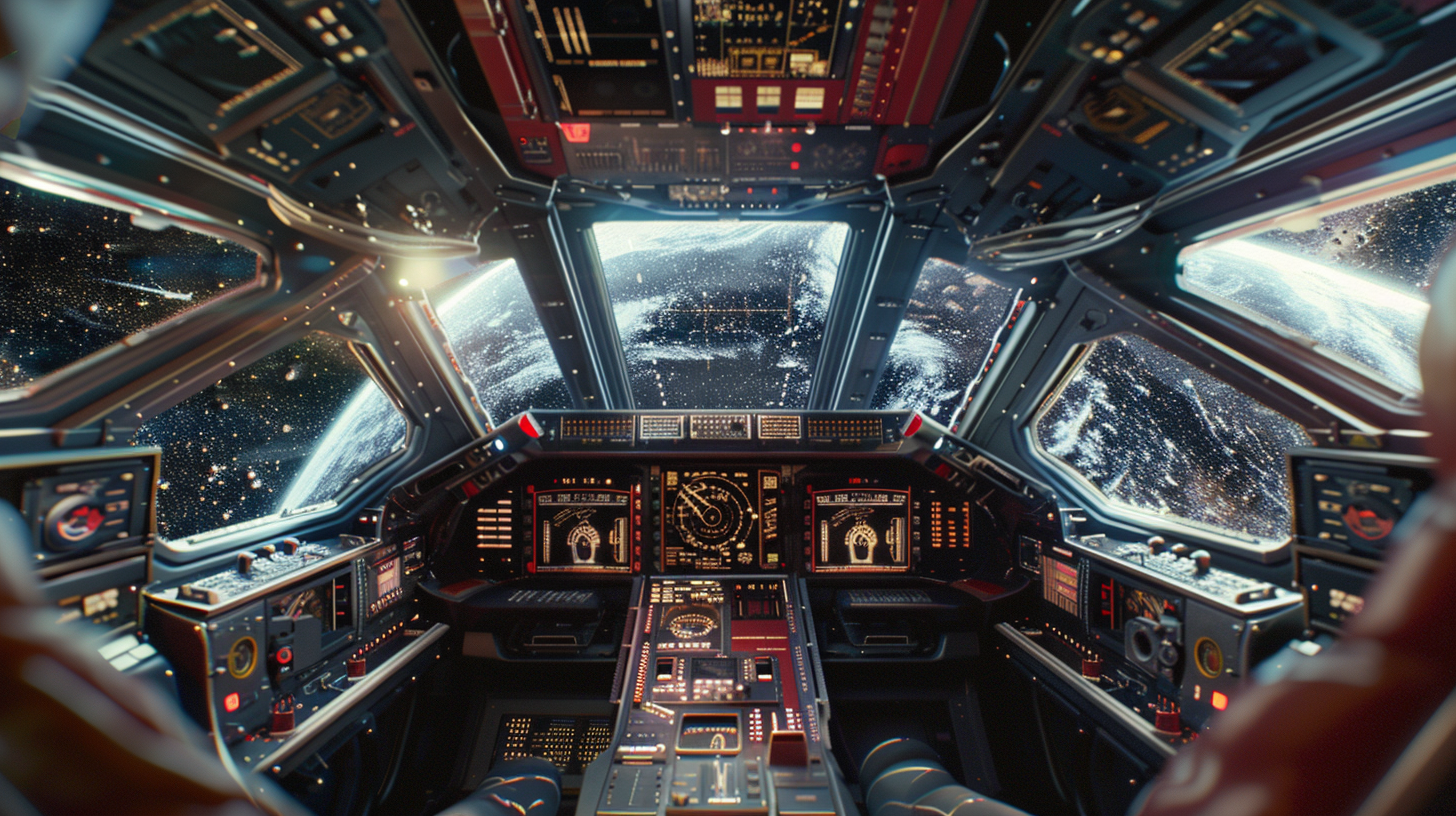 Spaceship cockpit view with big digital dashboards, milky way.