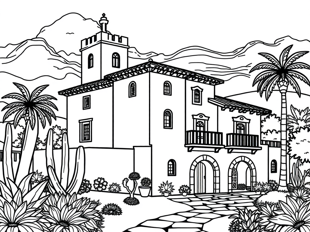 Spanish Villa Coloring Book Outline with Sharp Lines