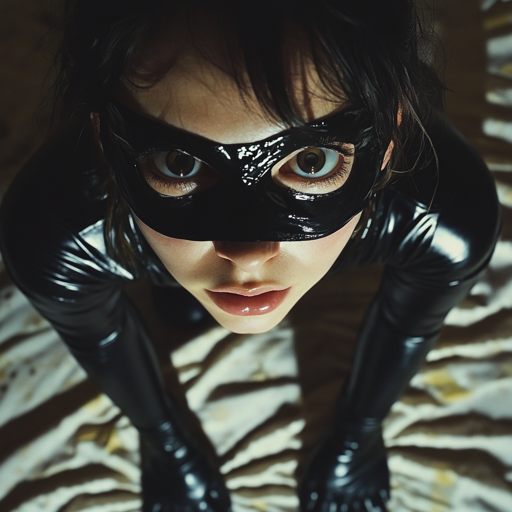 Spanish girl wearing black latex mask and hunger.