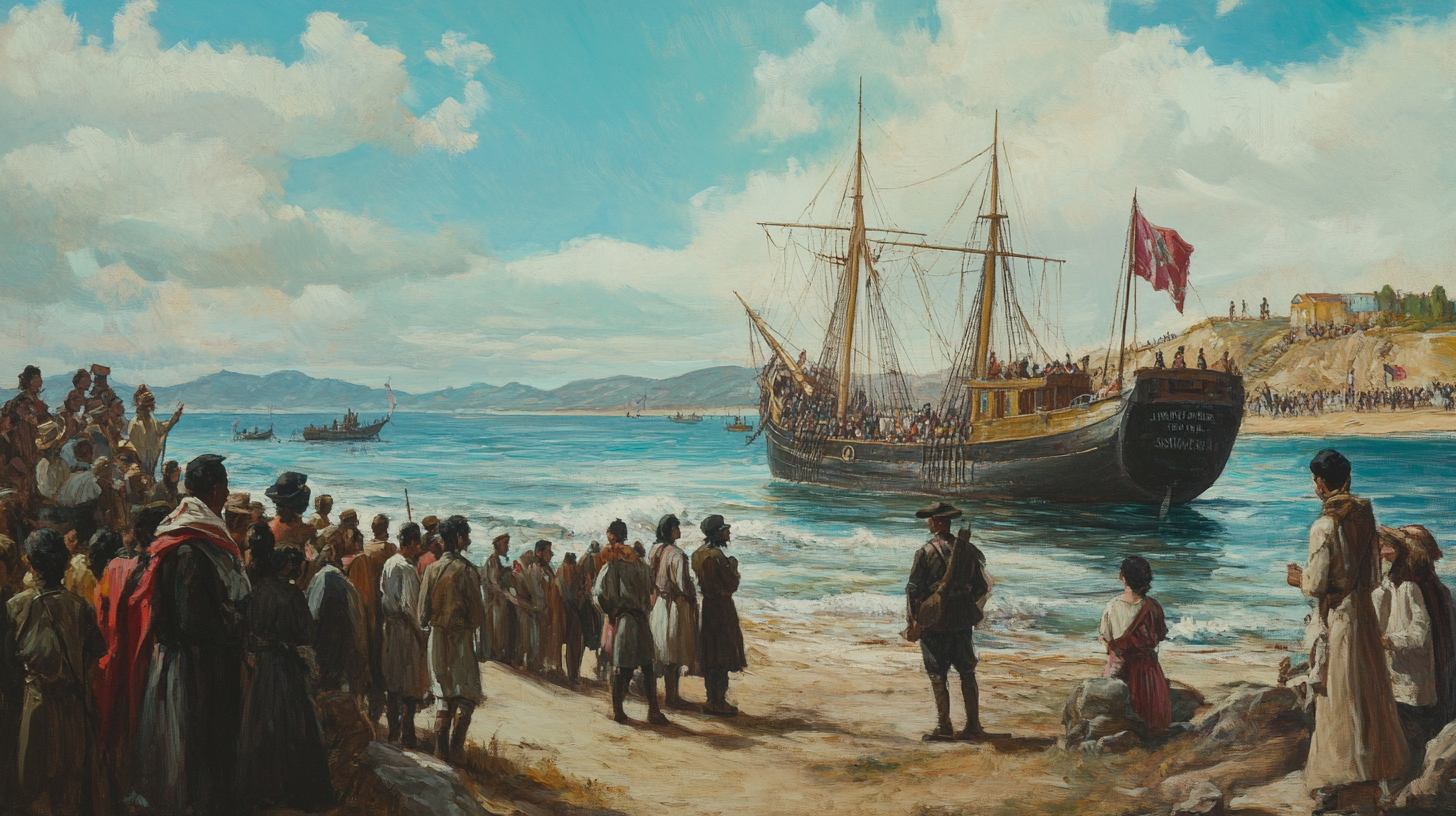 Spanish ships land in America, met by natives.