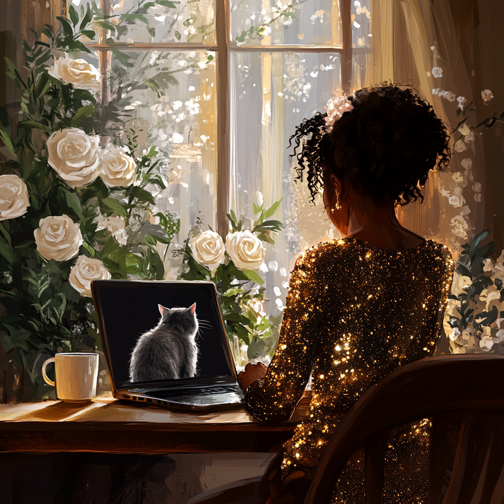 Sparkling Black Woman in Cozy Home Office with Cat