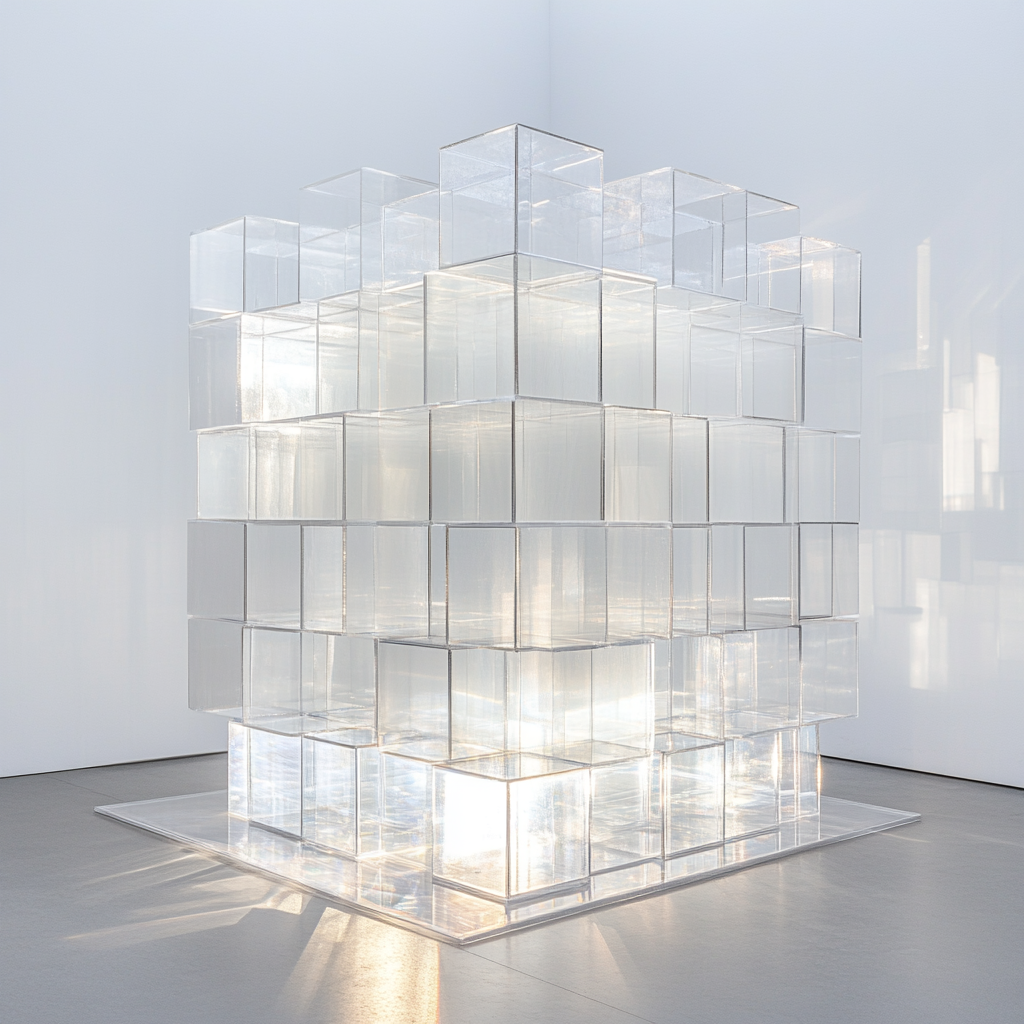 Sparkling Glass Cube with Floating Boxes in White Space