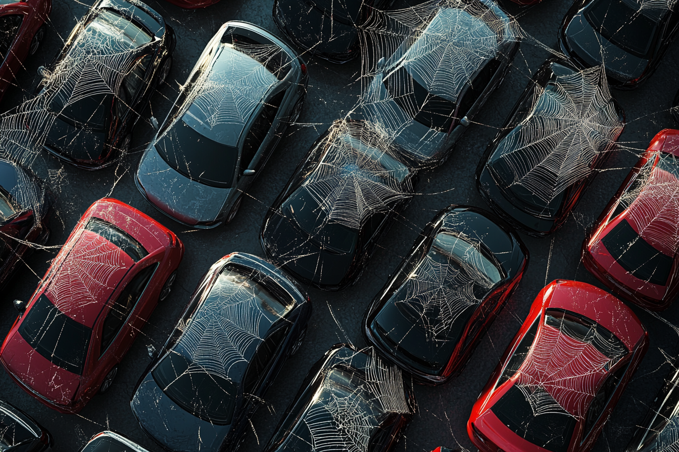 Sparkling Morning Car Lot with Intricate Webs