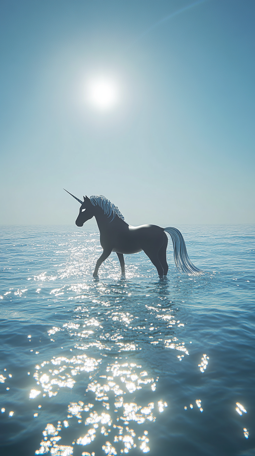 Sparkling Unicorn in Blue Ocean Under Sunlight