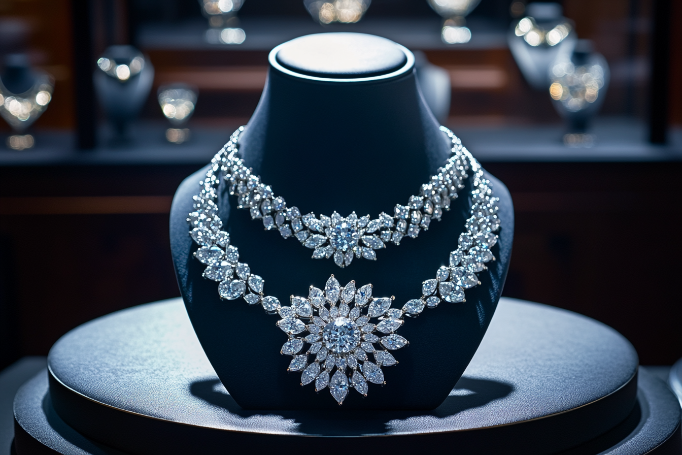 Sparkling diamond ring and necklace on display