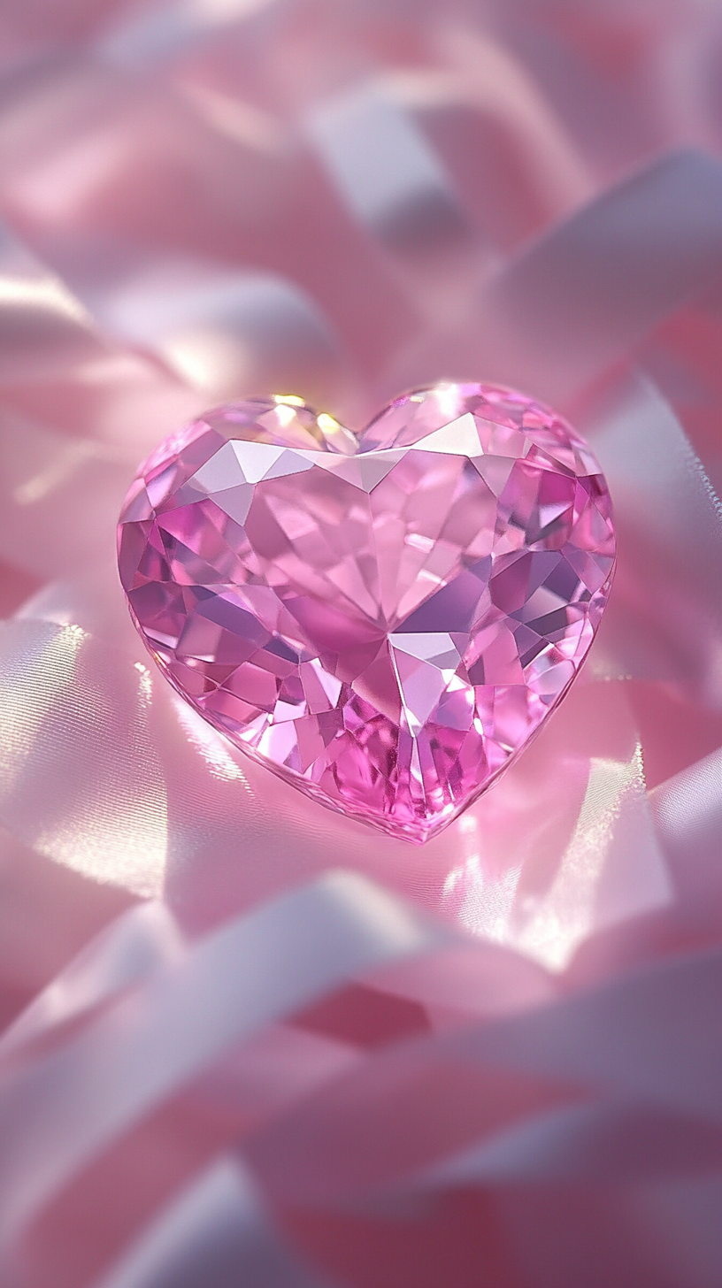 Sparkling pink gemstone heart with ribbons in pastel colors.