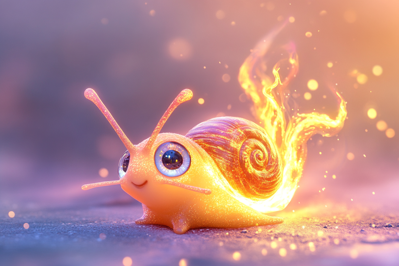 Sparkly Fire Snail with Sweet Eyes in Pixar Style