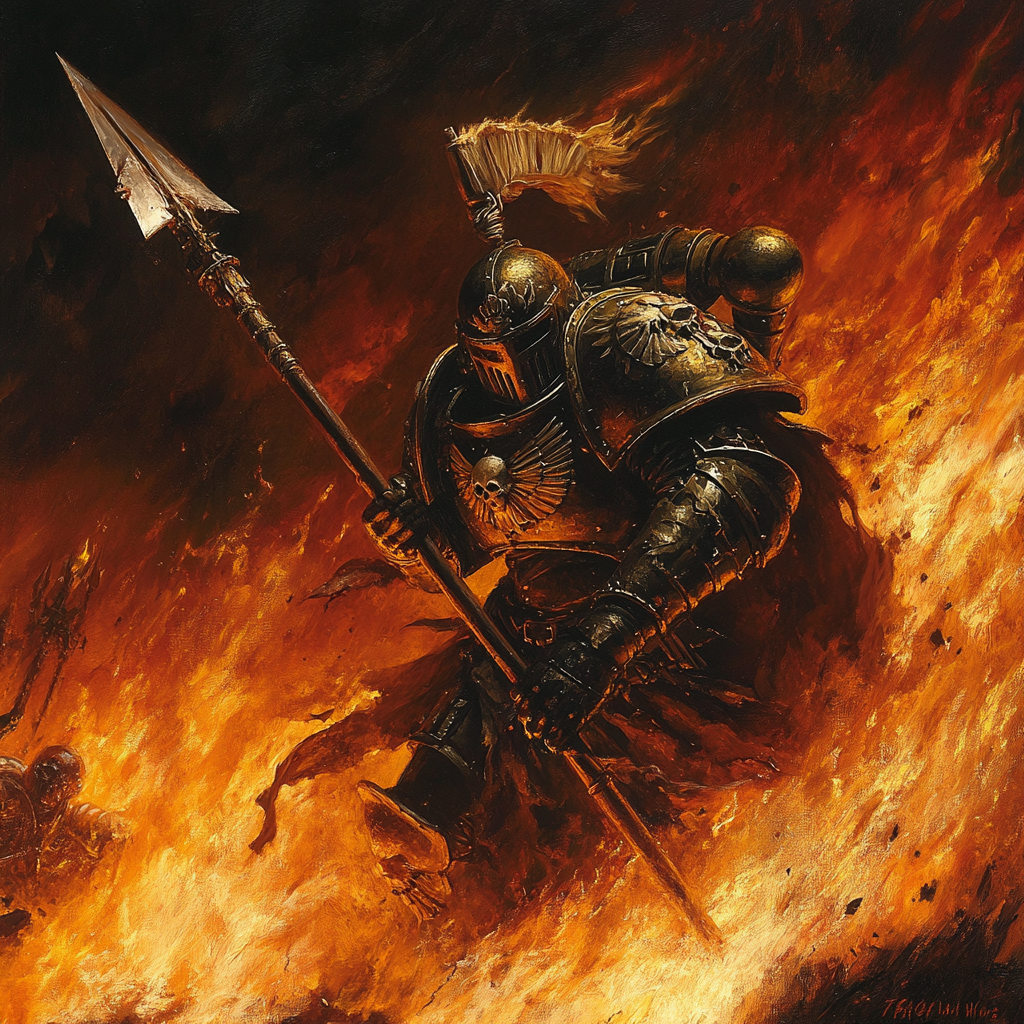 Spear-wielding Death Company Captain leaping from fiery battlefield.