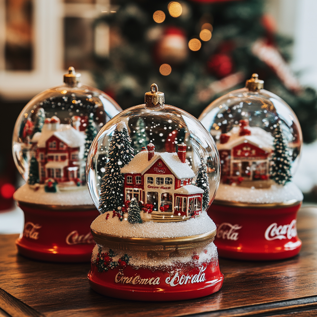 Special edition collection of 3 Coca-Cola-themed cups. Snow globe lids featuring Christmas village inside.