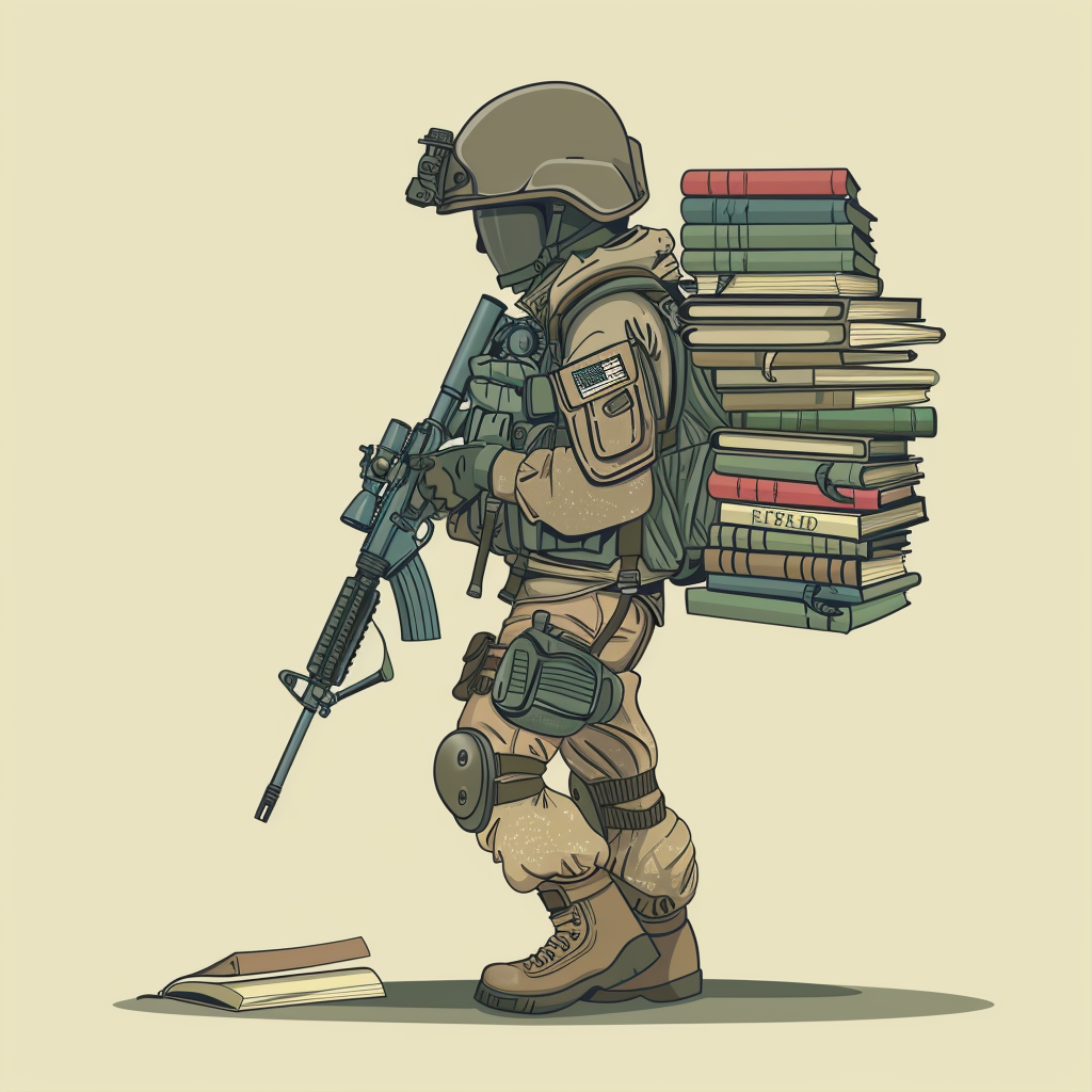 Special forces soldier with academic motifs, book backpack,rifle-quill.