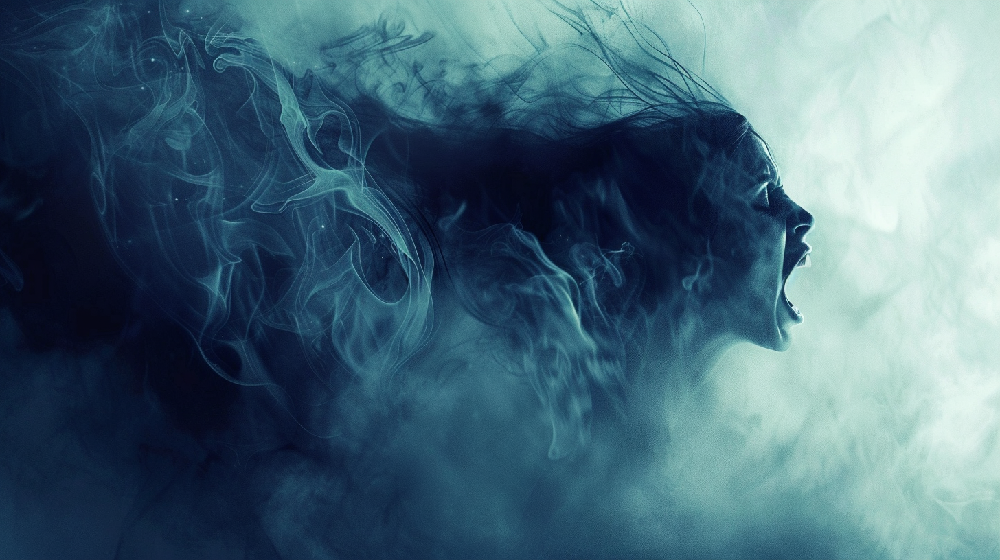 Spectral woman vanishing in mist, ethereal blue fantasy.