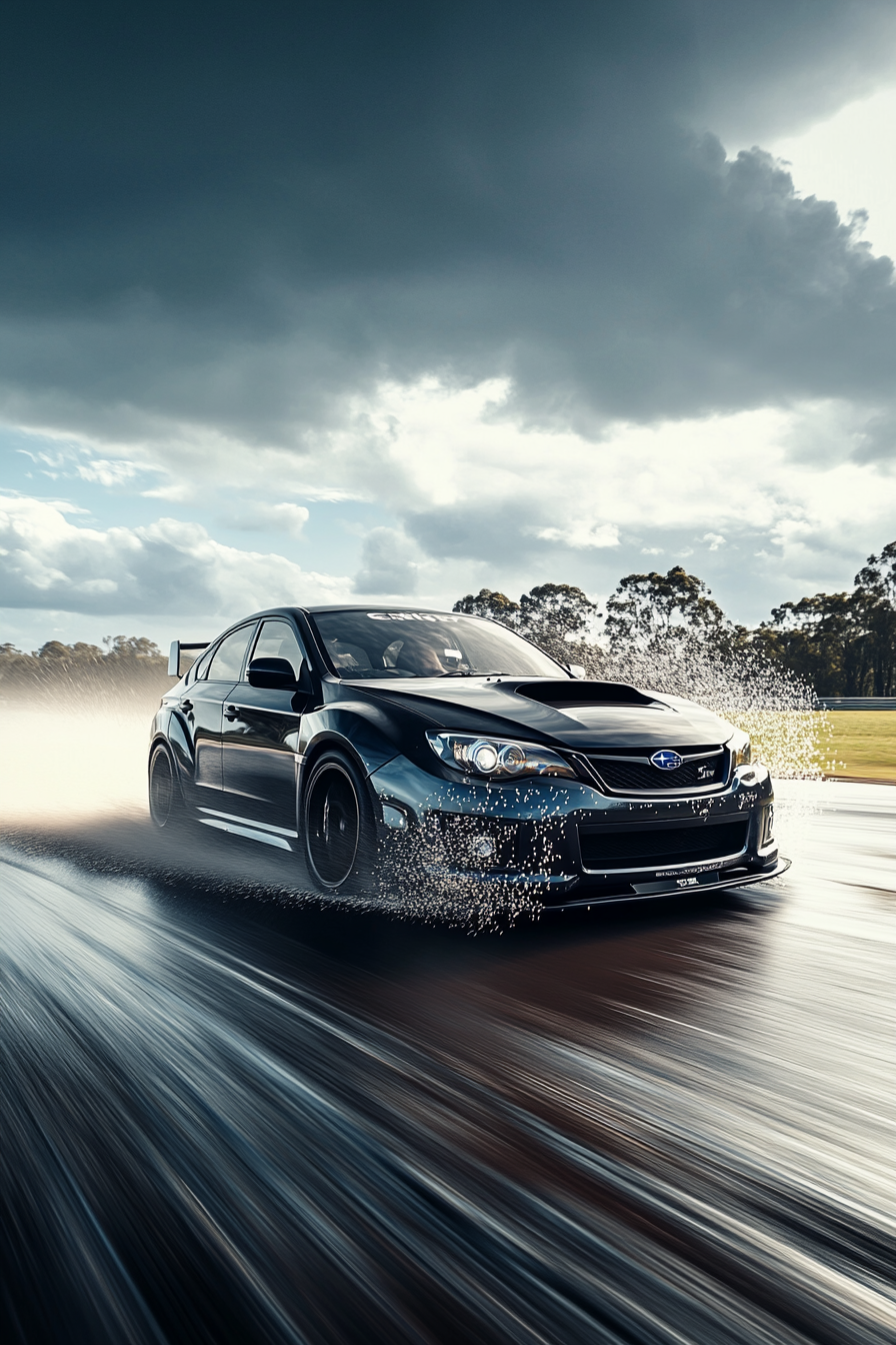 Speeding Subaru Impreza on racetrack, cinematic shot, mirrorless camera.