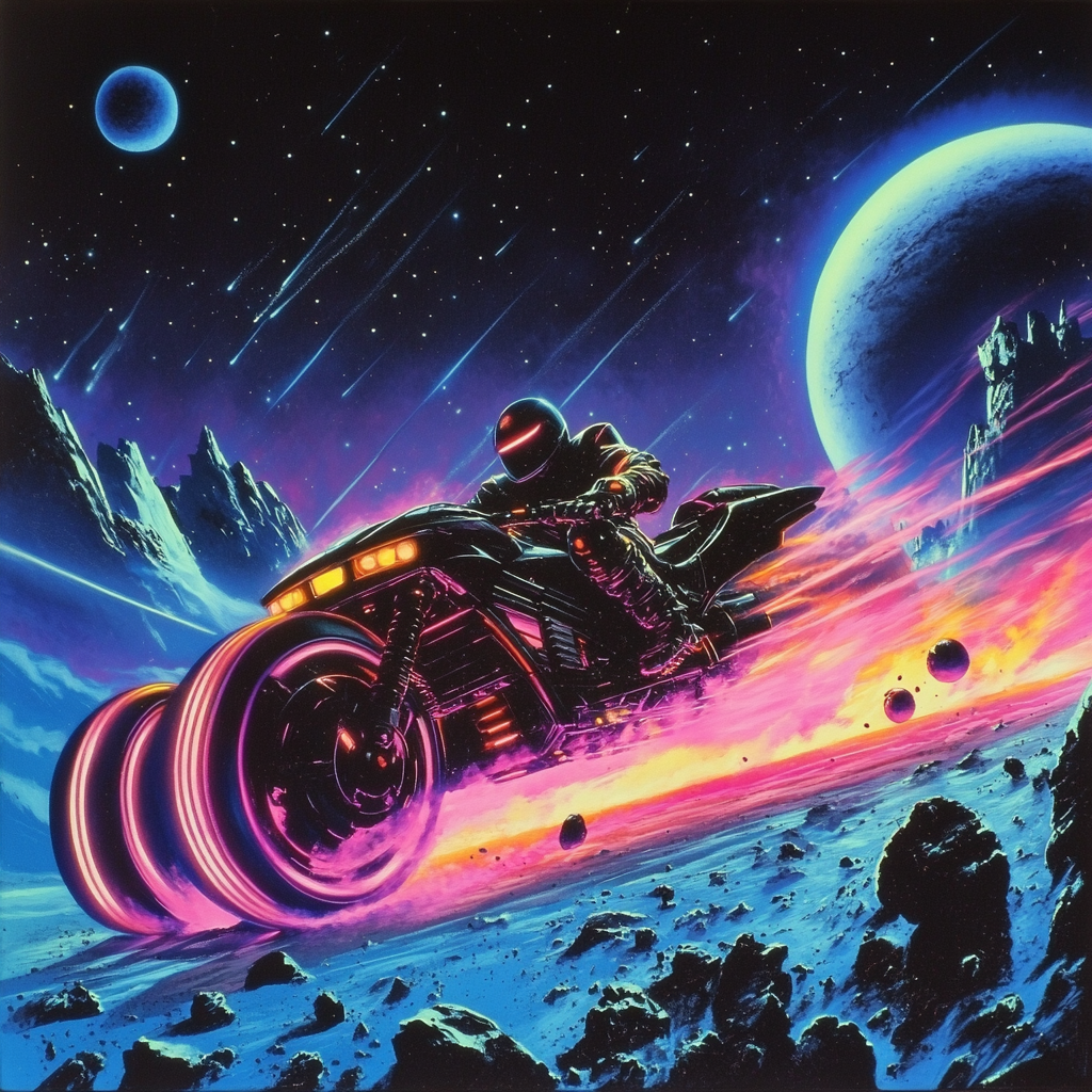 Speeding armored motorcycle in space with neon glow.