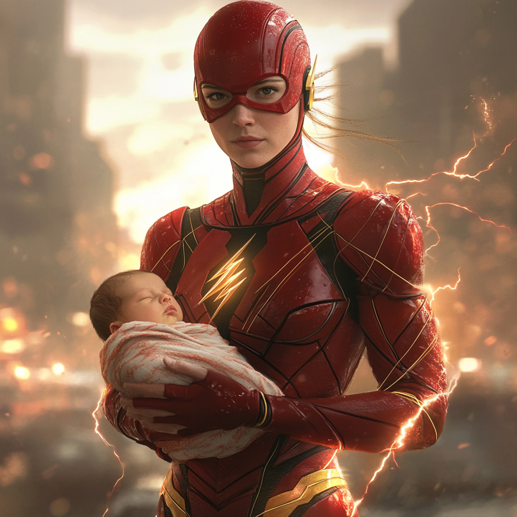 Speedster mom in red suit holds baby in blanket.