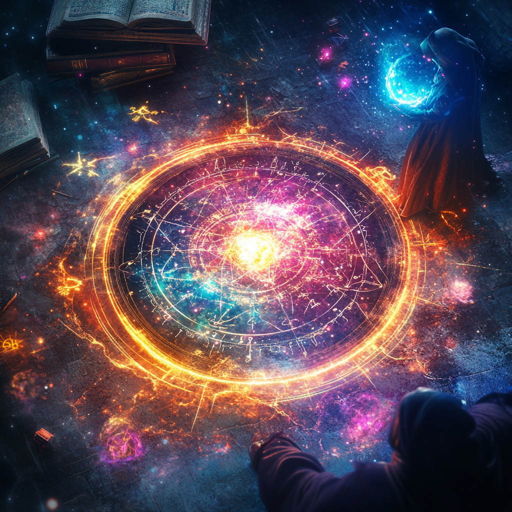 Spell caster surrounded by glowing symbols and vibrant colors.