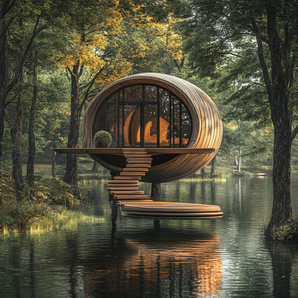 Spherical support platform with cabin in center of lake.