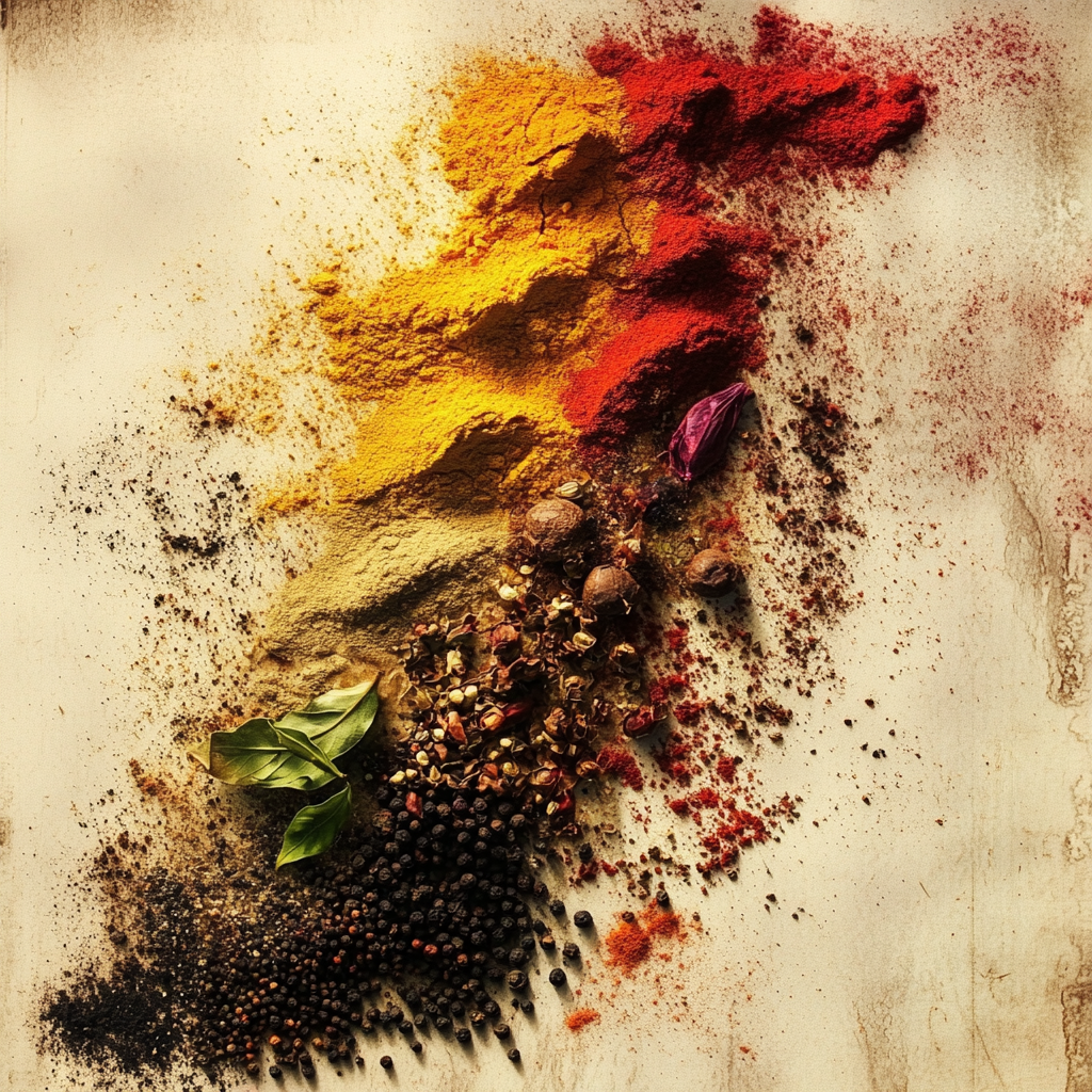 Spices mixed with abstract colors in watercolor effect.