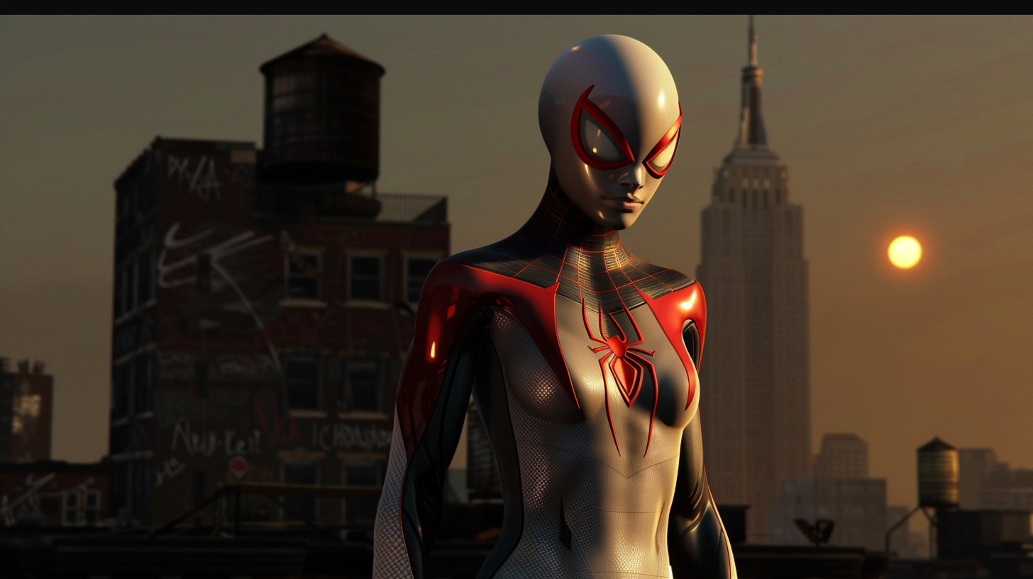 Spider-Gwen on a rooftop at dawn, ready to leap.