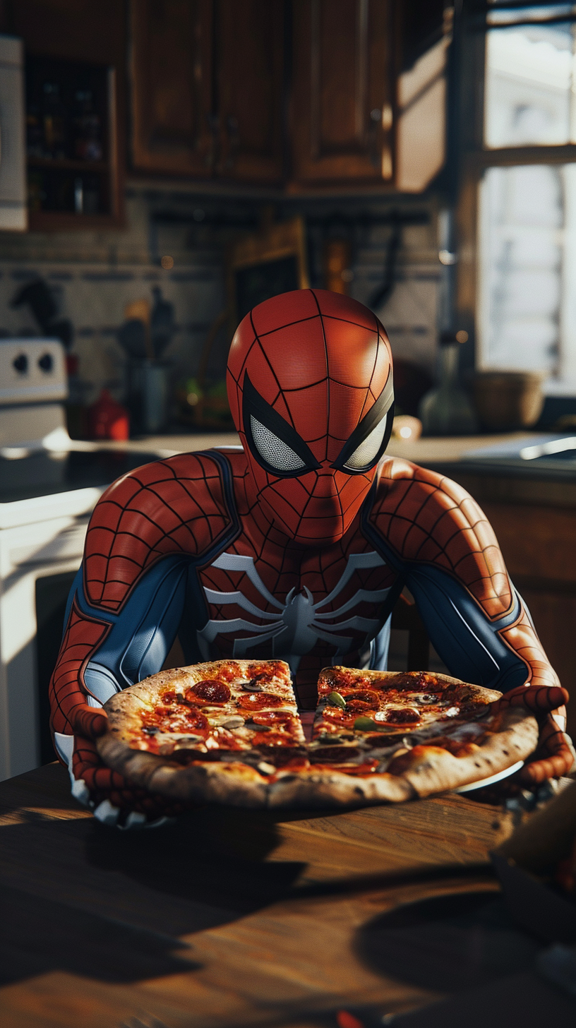 Spider-Man Eating Pizza at Home