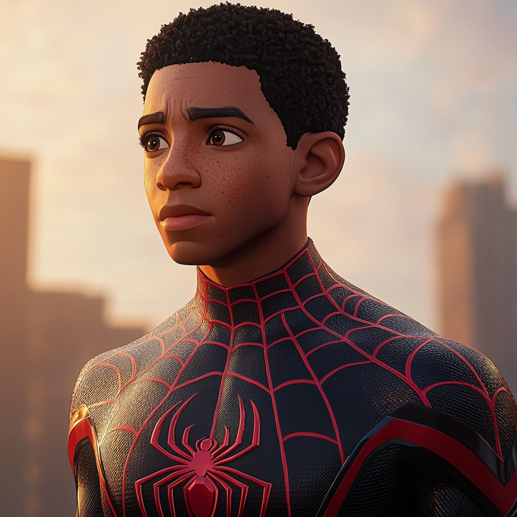 Spider-Man Miles Morales in realistic style, gazing at sunset.