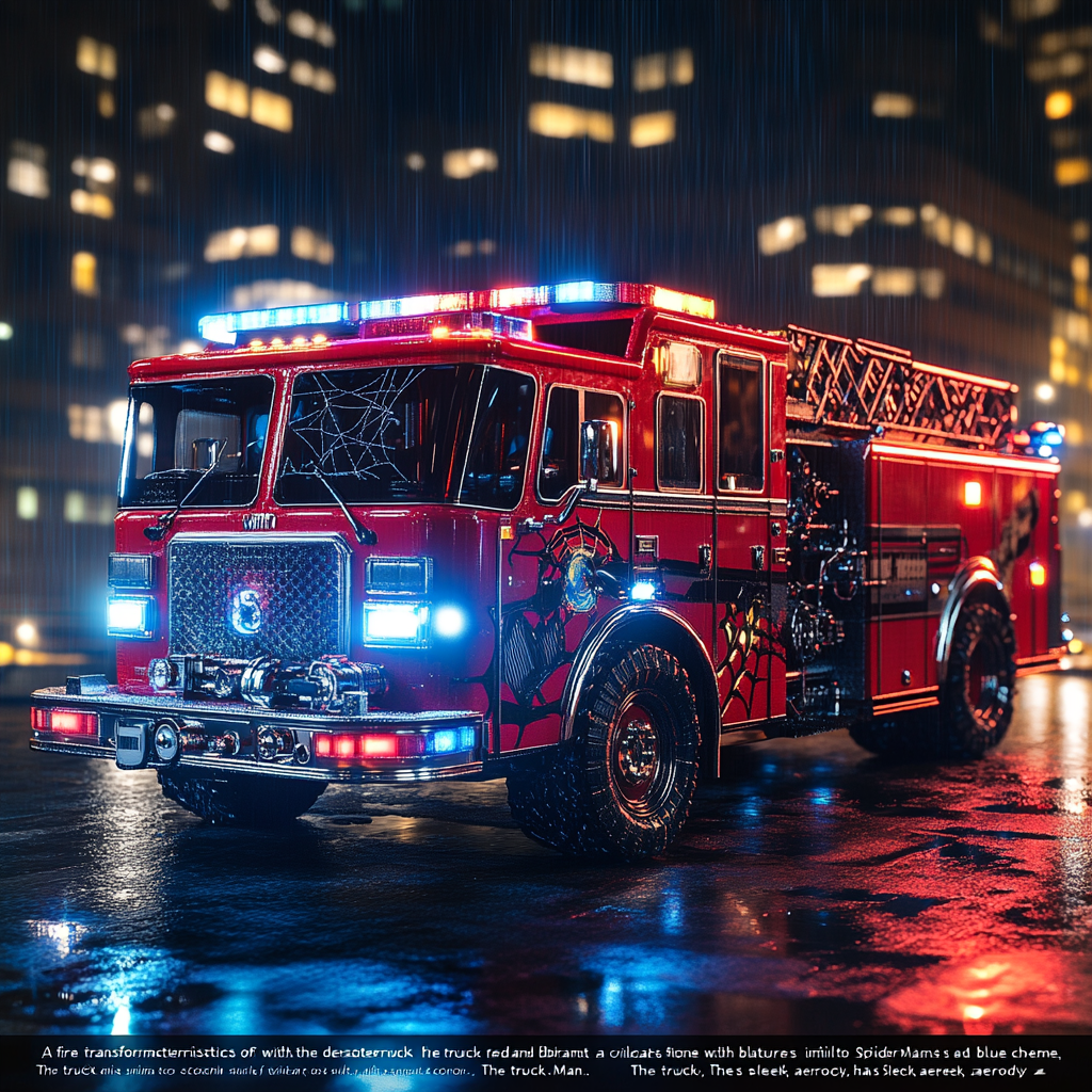 Spider-Man themed fire truck in urban cityscape at night.