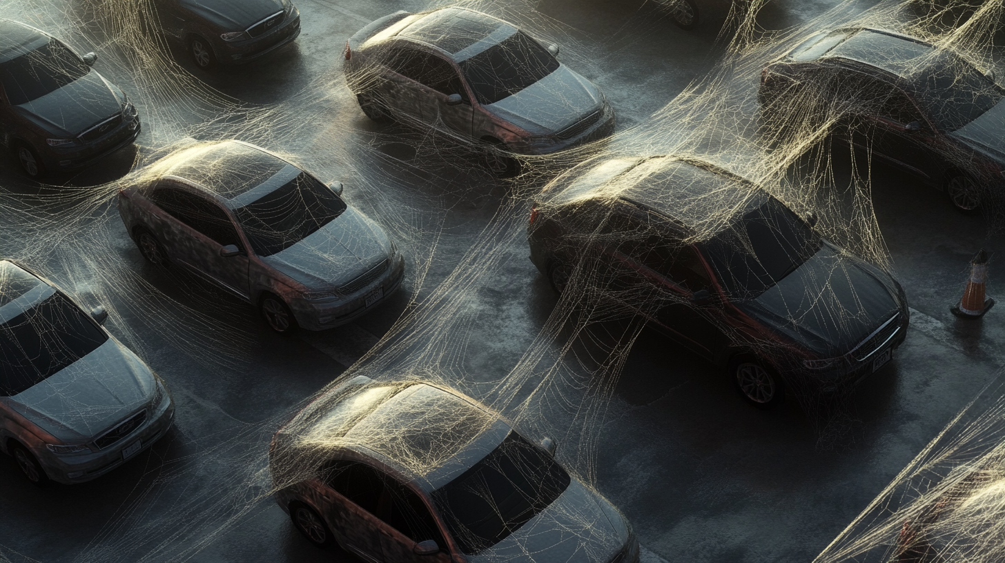 Spider Web Cars in Sunlight Glow