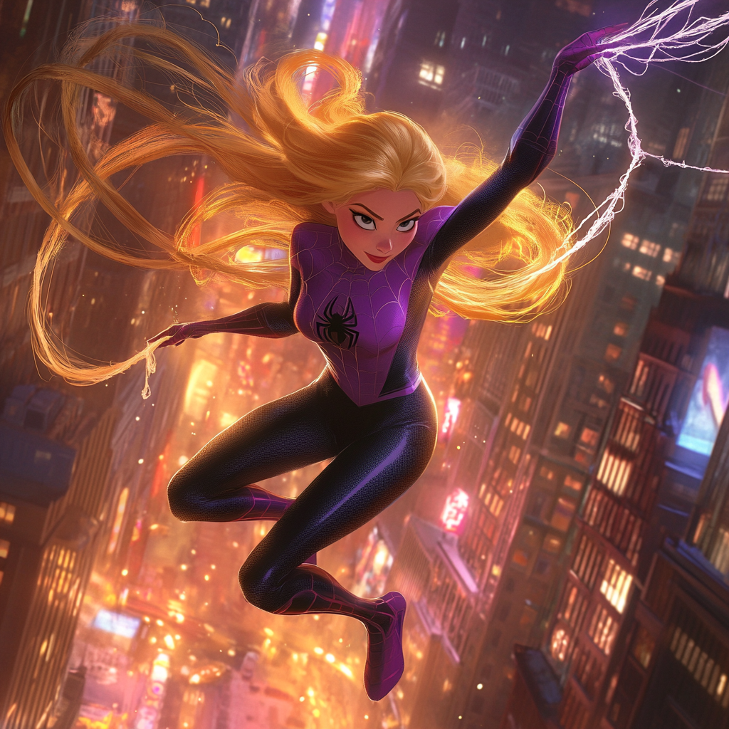 Spider-Woman Rapunzel swinging with golden silky hair.