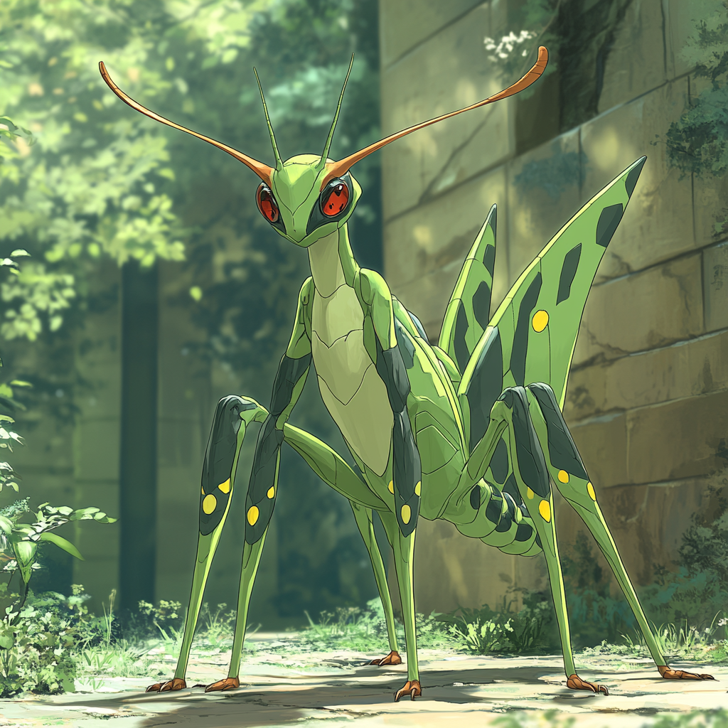 Spiky mantis-like pokeman with horns and tail spikes.