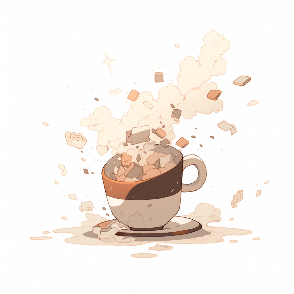 Spilled giant coffee cup in pastel style illustration.