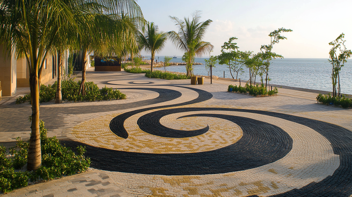 Spiral and swirly plaza in modern ferry terminal.