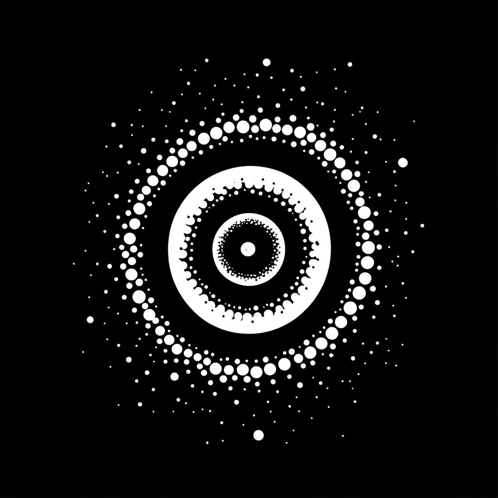 Spiral of white dots on black background.