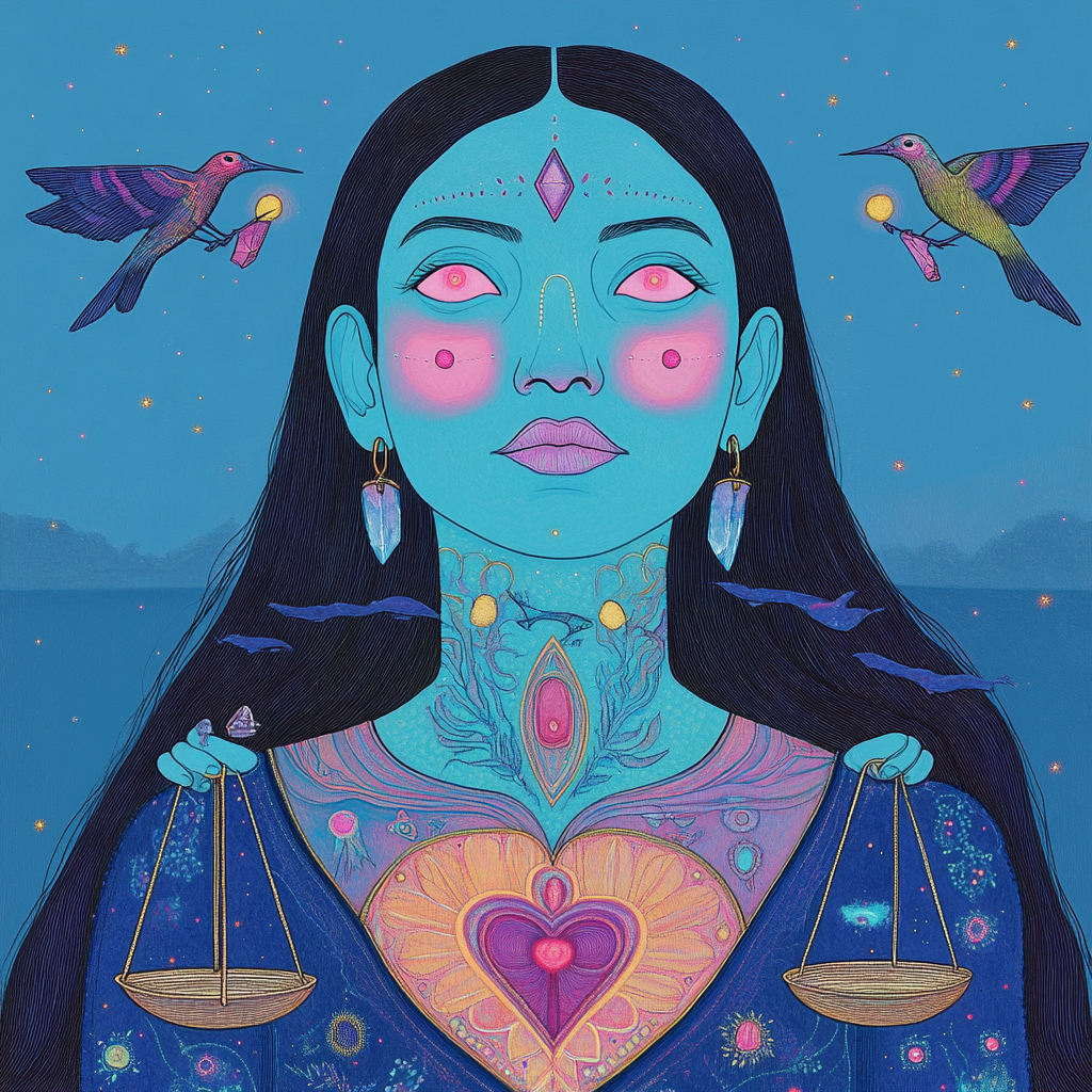 Spirit woman with blue skin holds justice scales.