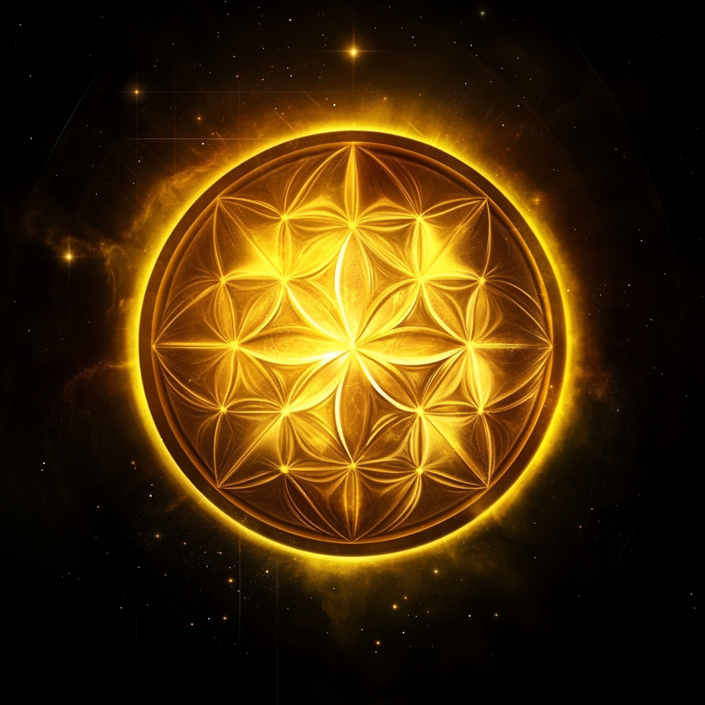 Spirituelles Logo: Sonnensystem, Mondphasen, Sterne, Flower of Life