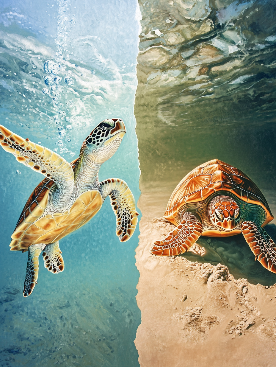 Split Image: Graceful Ocean Turtle, Determined Beach Crawler