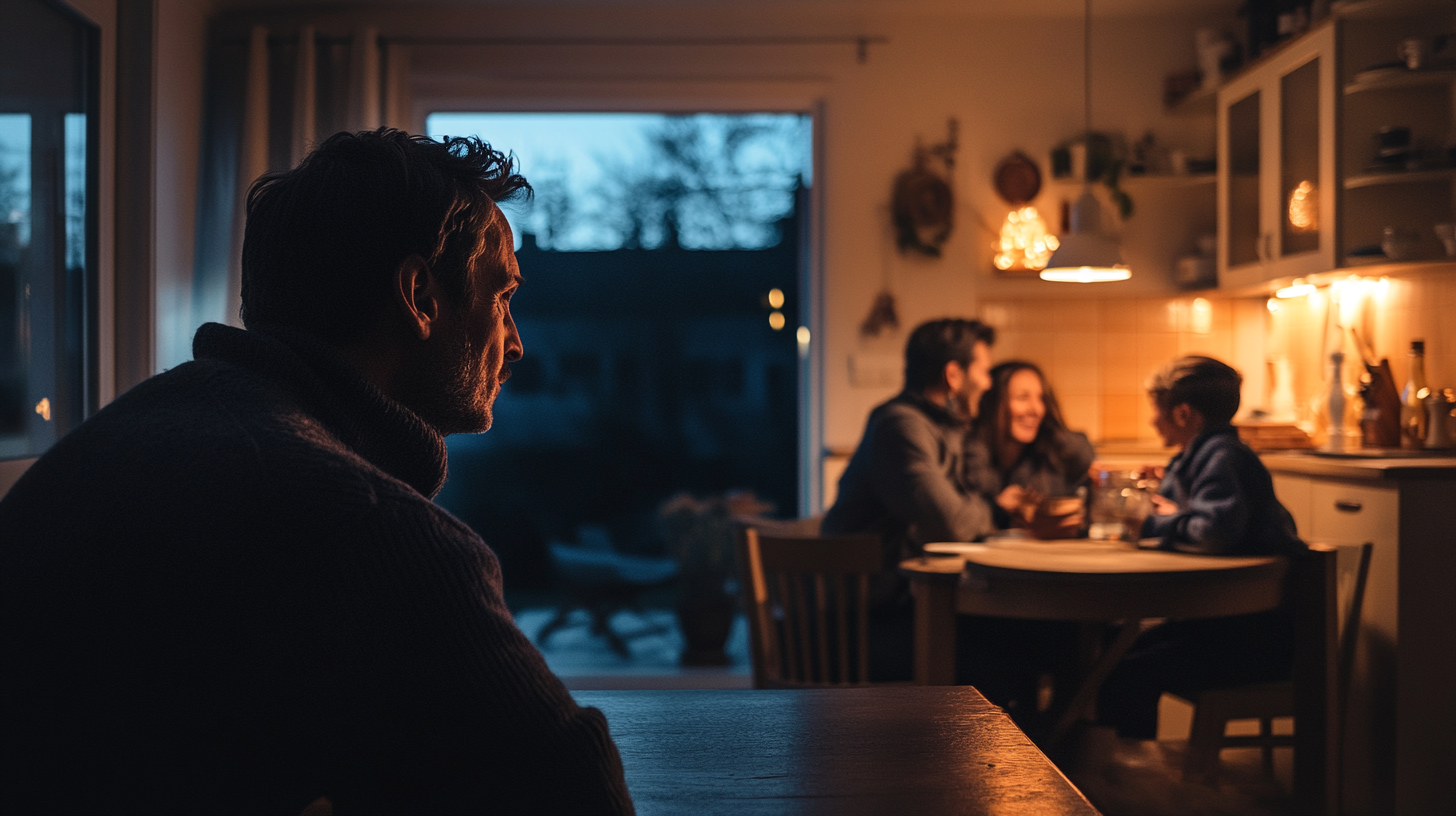 Split image of man at chasm and warm family kitchen