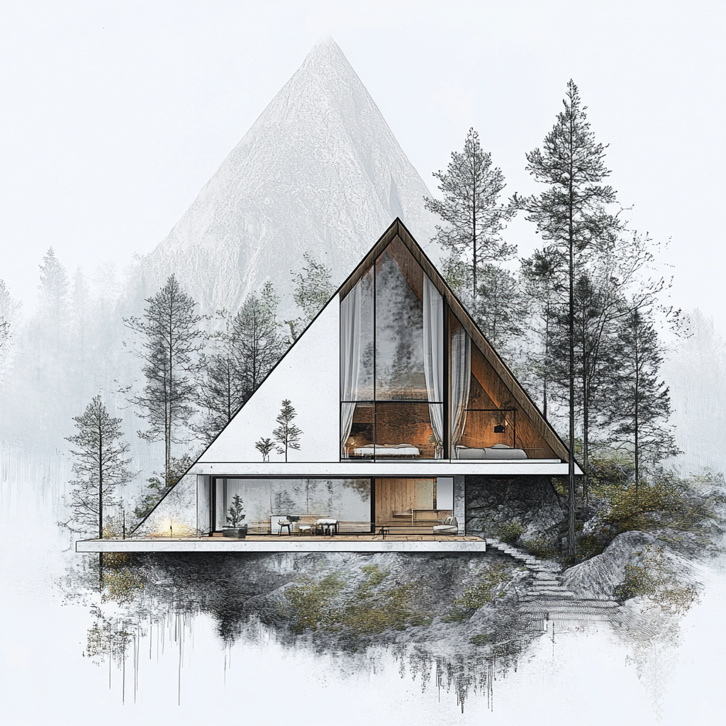 Split level cabin in mountains with triangular shape window.