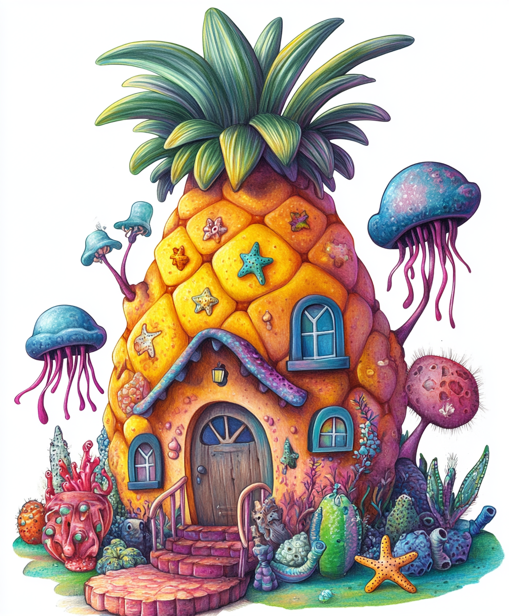 Spongebob's pineapple house hand-drawn in colored pencil