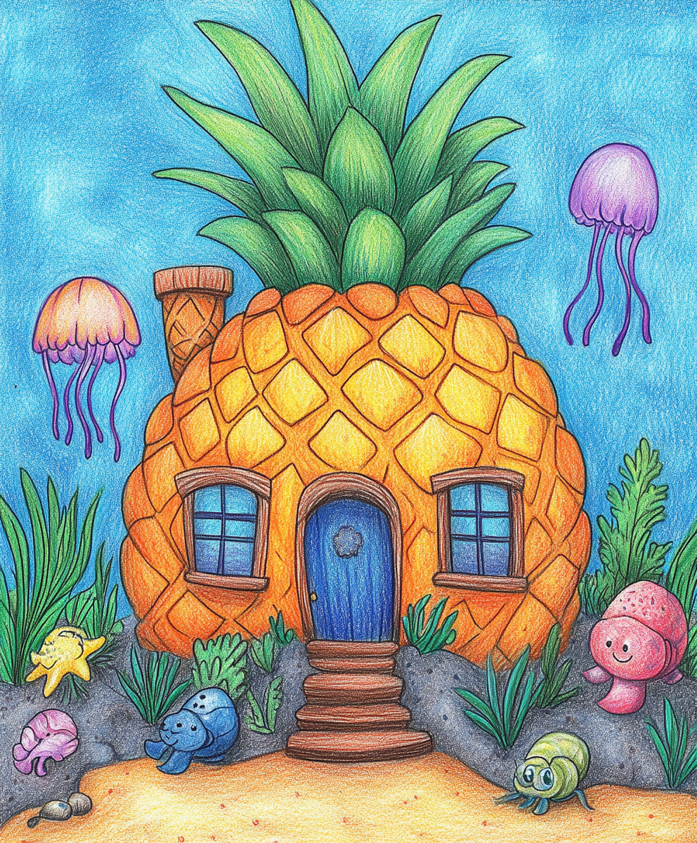 Spongebob's pineapple house with starfish, jellyfish, snails design.