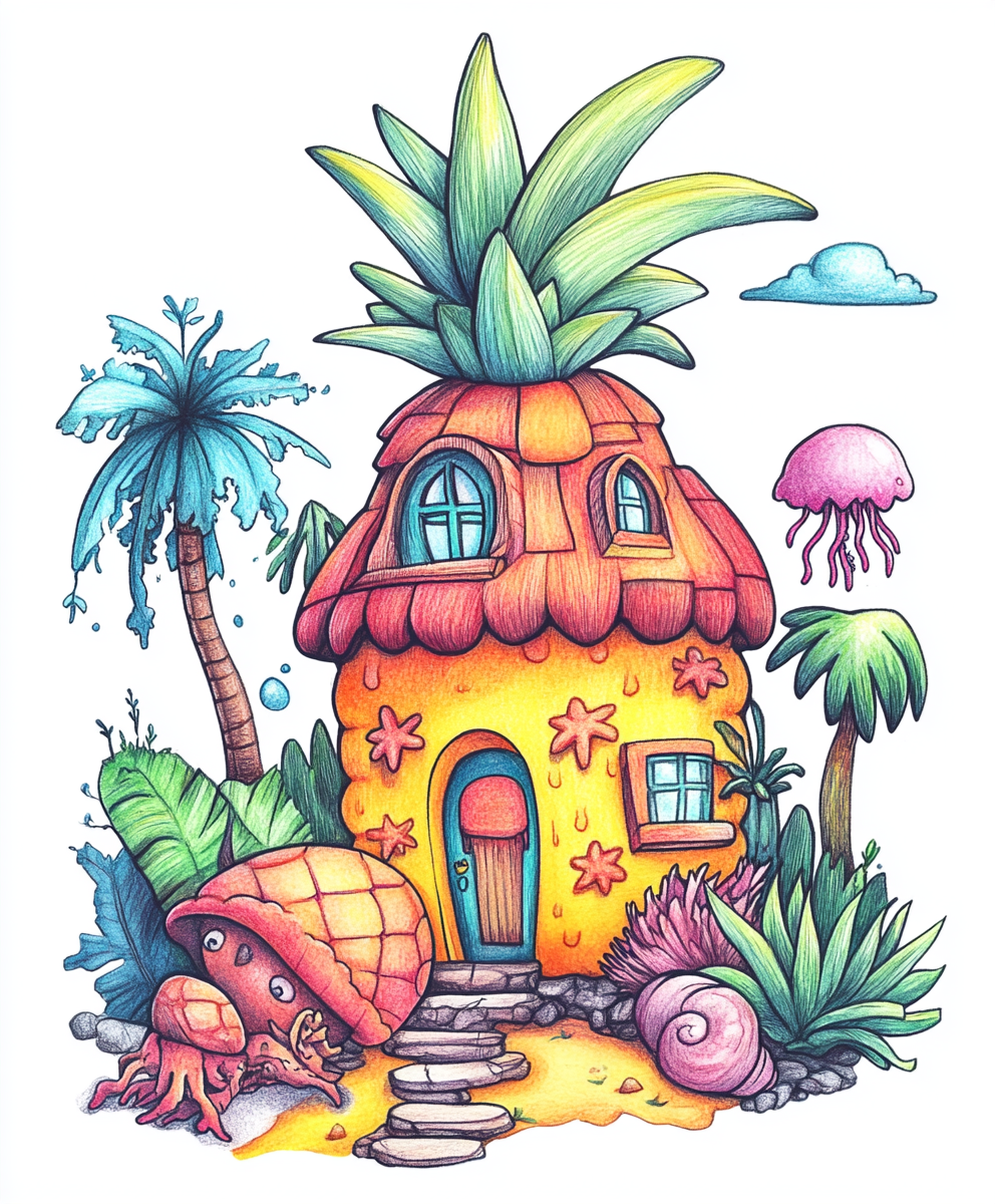 Spongebob pineapple house drawn in colorful pencil style.