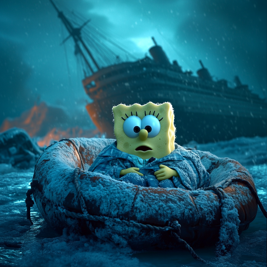 Spongebob shivers on raft; Titanic sinks, ice surrounds.