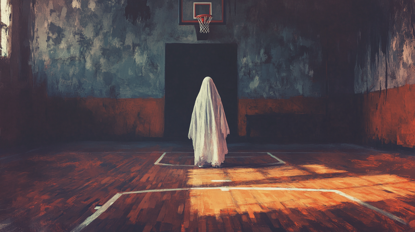 Spooky Ghost on Dark Basketball Court, Textured Style