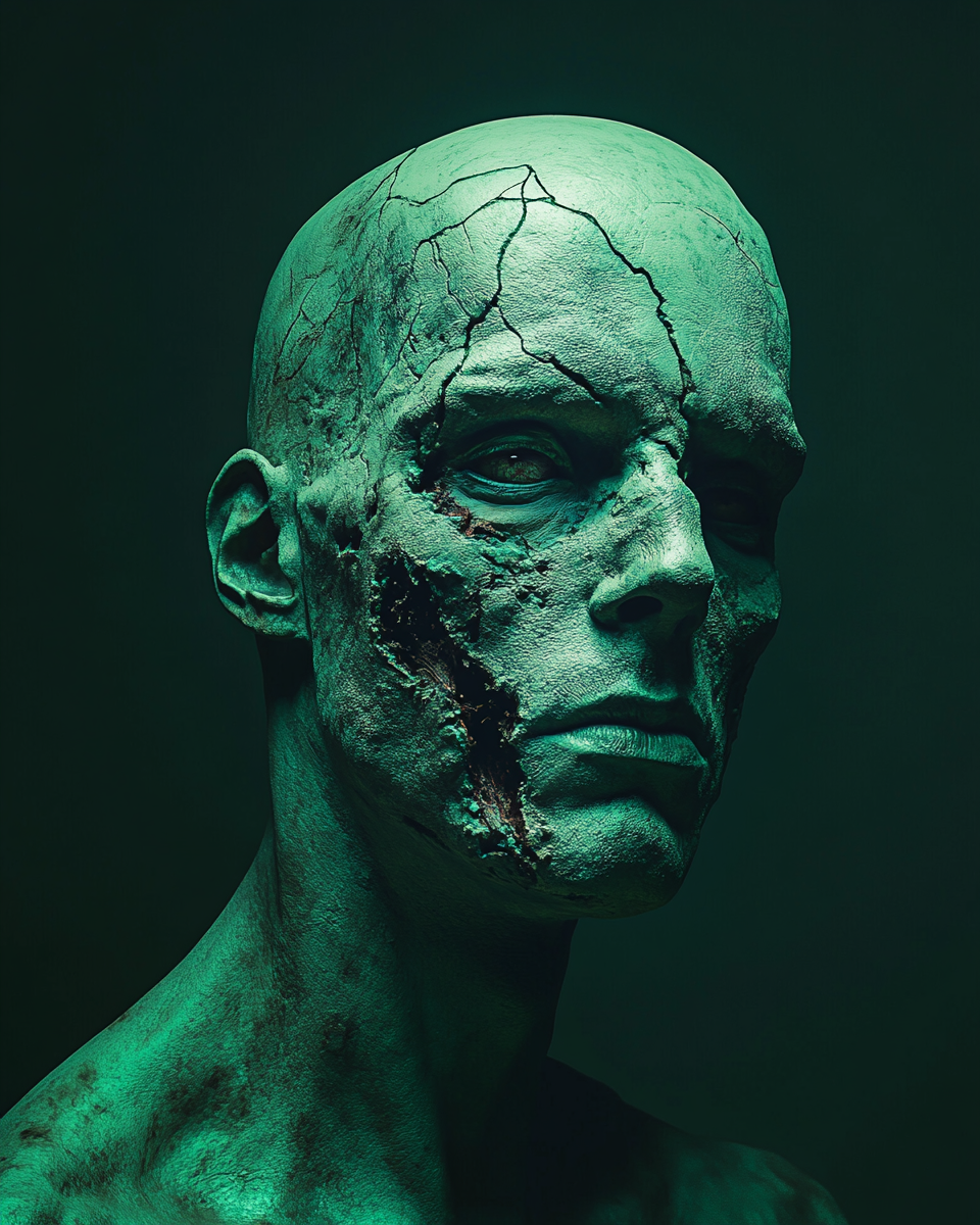 Spooky Green Zombie Head Portrait in Detailed Image