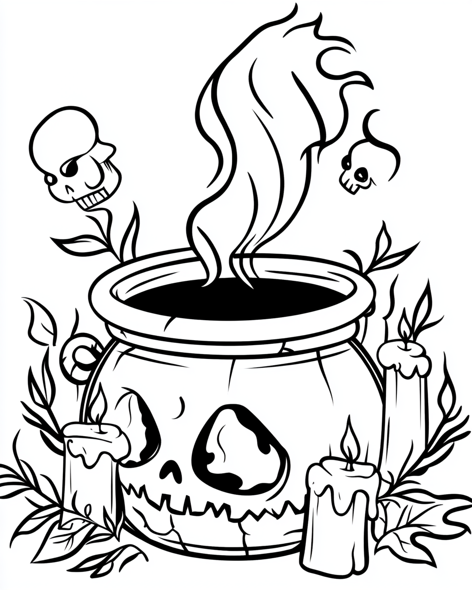 Spooky Halloween Cauldron with Skull and Candles Coloring Page